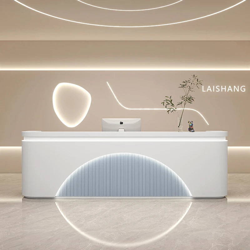 Modern Reception Desk With Integrated LED Lighting — White | KIMLUD