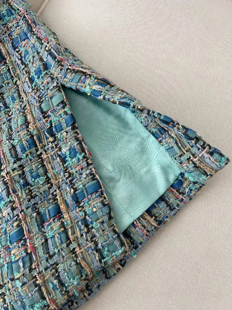 2025 New French Lady Blue Green Tweed round Neck Single Button Small Fragrance Style Jacket Vest Dress Set Casual Suit