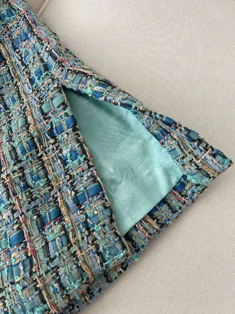 KIMLUD, 2025 New French Lady Blue Green Tweed round Neck Single Button Small Fragrance Style Jacket Vest Dress Set Casual Suit, KIMLUD Womens Clothes