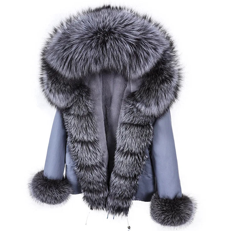 MAOMAOKONG 2025 Real Fur Coat New Fashion Fox Fur Collar Winter Women's clothing Removable Lining Thickened Jacket Short Parka