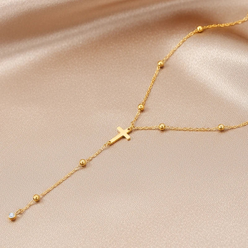 Stainless Steel Necklaces Cross Pendant Y-Shaped Clavicle — Multicolor | KIMLUD