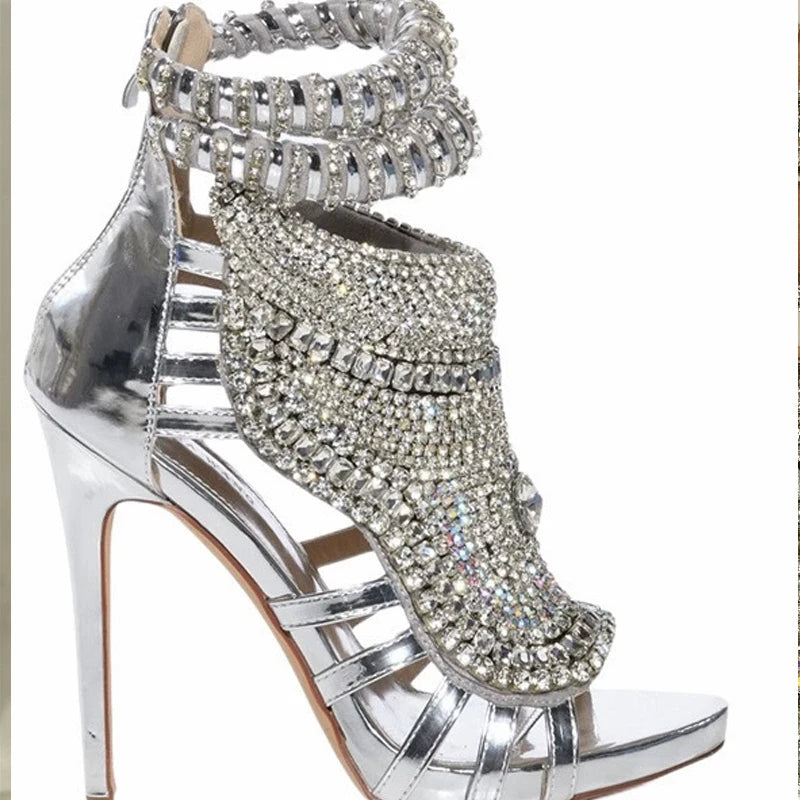 Rhinestone Stiletto Sandal With Back Zip — Black | KIMLUD
