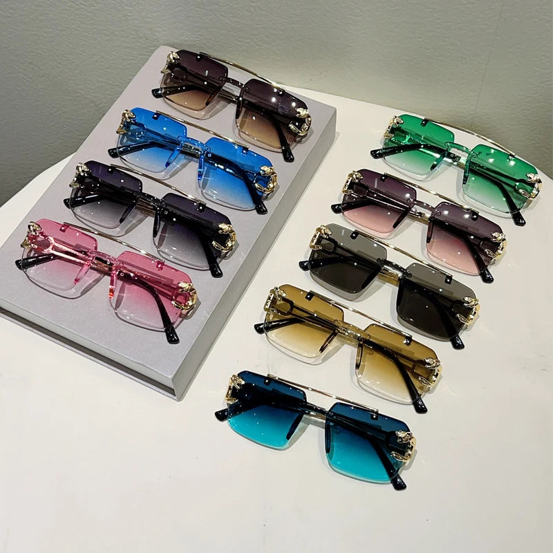 Rimless Sunglasses Square With Gradient Brown-To-Amber Lenses And Adjustable Nose Pads — Black | KIMLUD