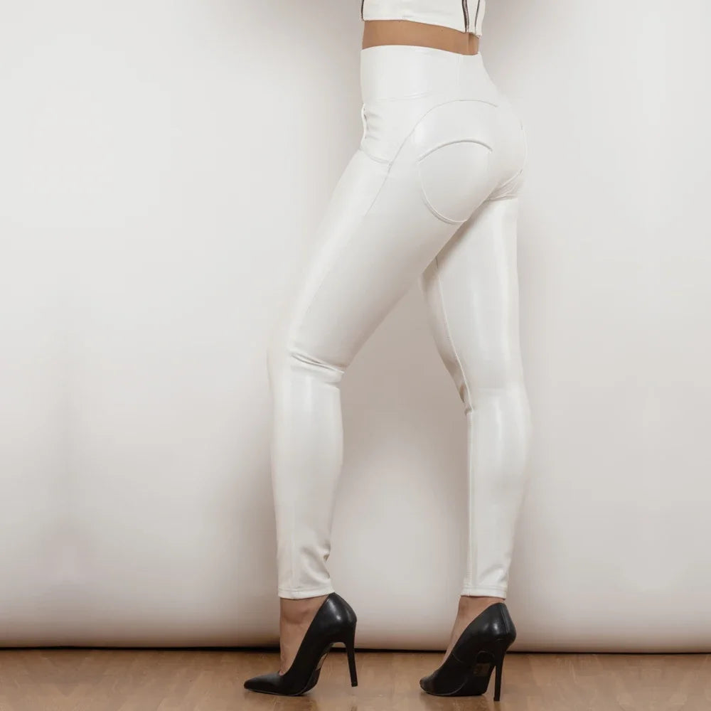 Shascullfites Melody High-Waisted Metallic Leather Leggings Zipper Detail Scrunch Butt Wetlook Pants for Women