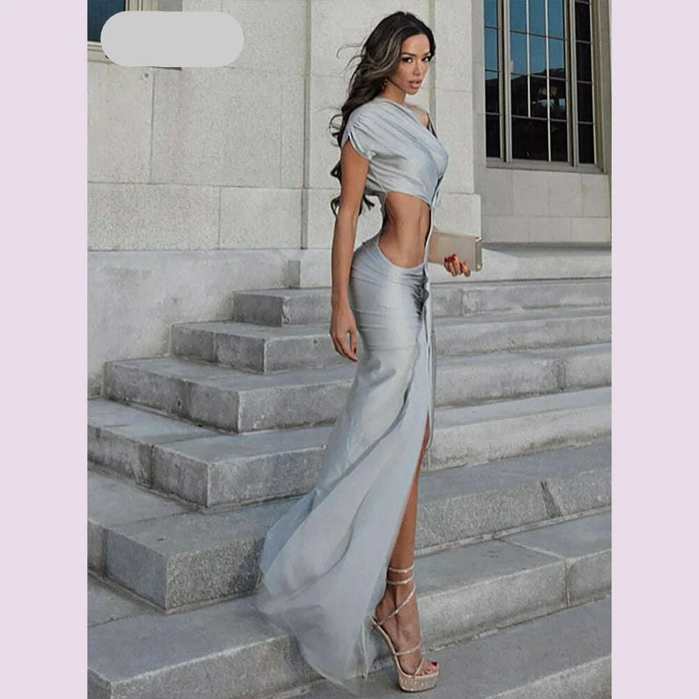 KIMLUD, Elegant Ruched Bodycon Dress - Asymmetric Collar Long Evening Dress, KIMLUD Womens Clothes
