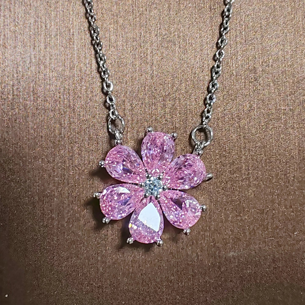 Sterling Silver Flower Zircon Drop Earrings — Pink | KIMLUD