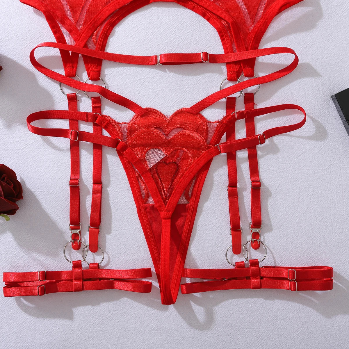 Ellolace Premium Sexy Female Lingerie Romantic Heart Embroidered Bra Belt Thong 3PC with Leg Circles Sparkling See Through Kit