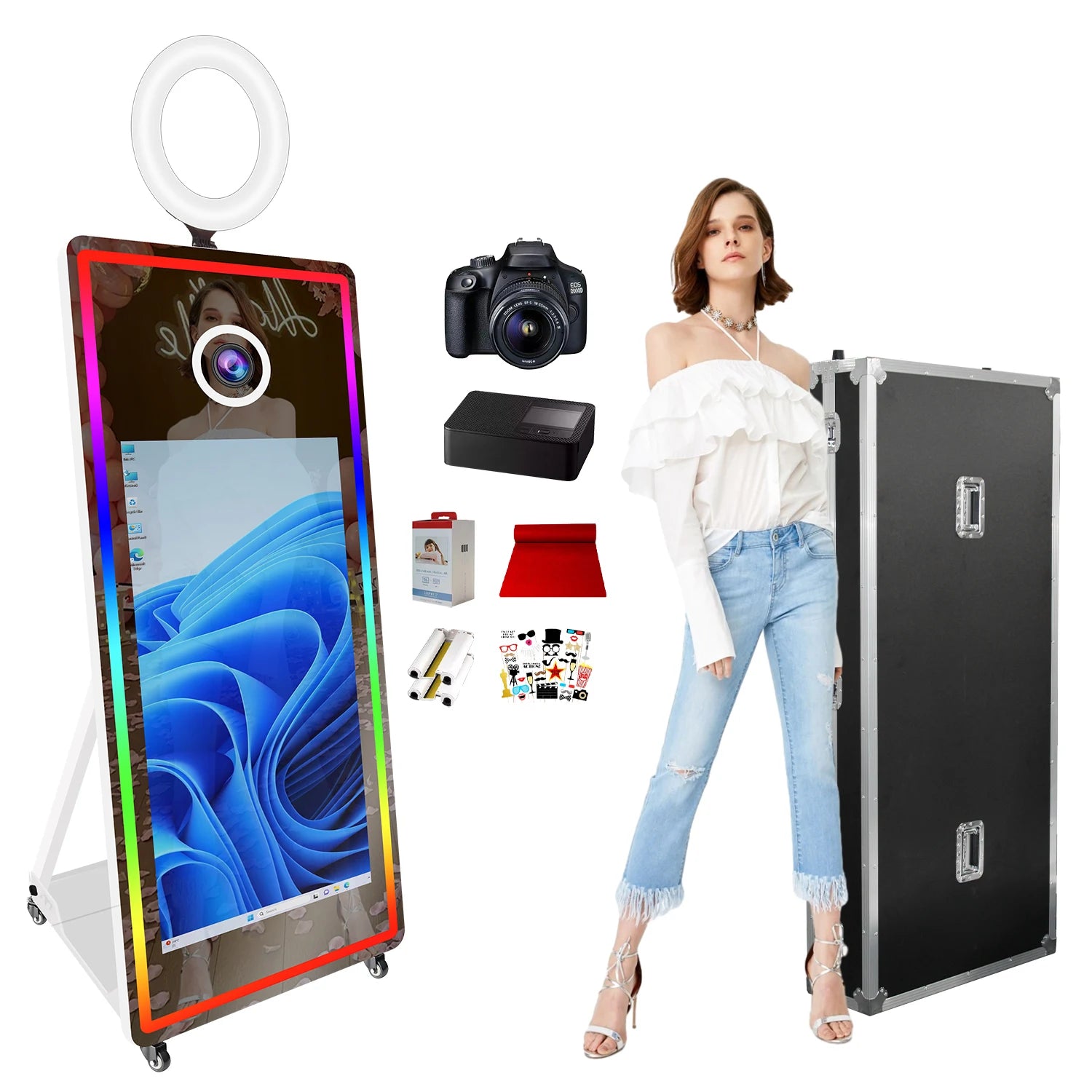 Metal-Glass Frame Portable Mirror Photo Booth 43 Inch With LED Edge Lighting — Black | KIMLUD