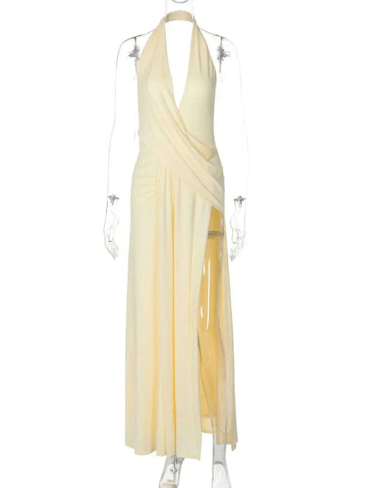 KIMLUD, Mozision Halter Deep V Neck Backless Sexy Maxi Dress Women Gown Fashion Irregular Sleeveless Thigh High Split Club Party Dresses, KIMLUD Womens Clothes