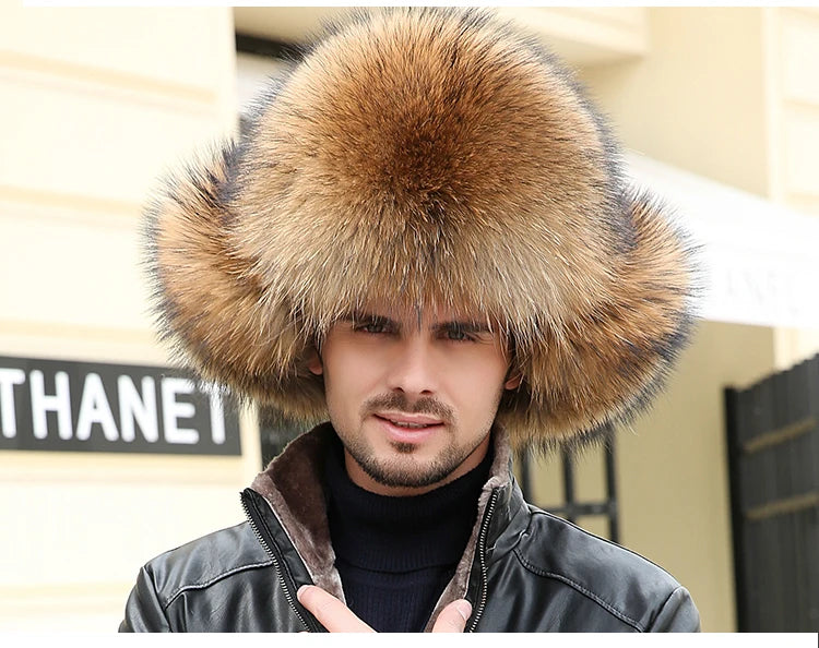 2025 Winter 100% Real Silver Fox Fur Bomber Hat Raccoon Fur Ushanka Cap Trapper Russian Men's Ski Hats Caps