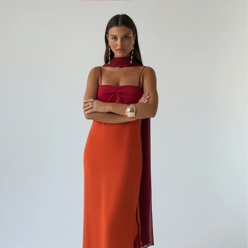 Color Blocking Sling Dress Scarf Collar — Orange Burgundy | KIMLUD