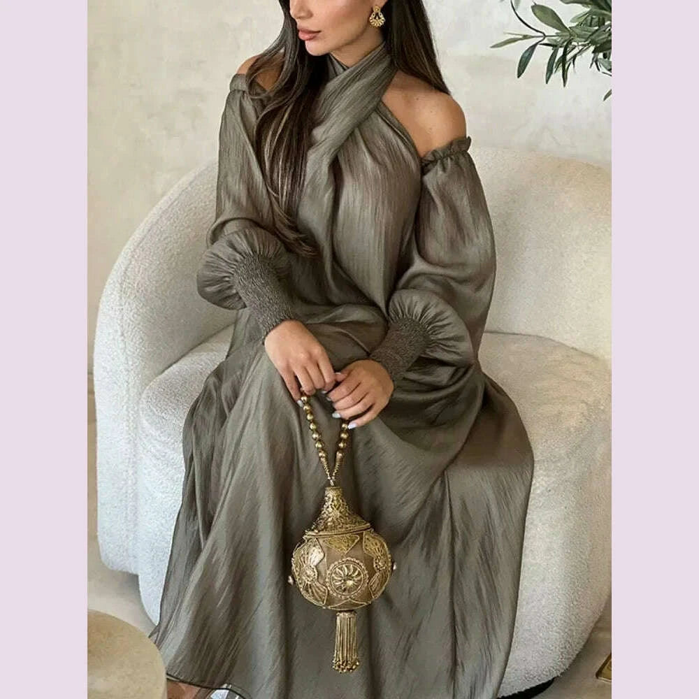 Modigirl American Retro Halter-neck Loose Dress Cold Shoulder Puff Sleeves H-line Maxi Dress 2025 New Elegant Evening Dresses Modigirl American Retro Halter-neck Loose Dress Cold Shoulder Puff Sleeves H-line Maxi Dress 2025 New Elegant Evening Dresses