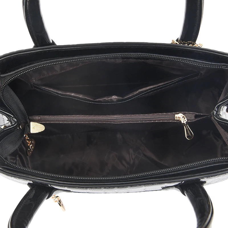 Crocodile Pattern Patent Leather Tote Bag Crossbody Zipper Closure — Black | KIMLUD