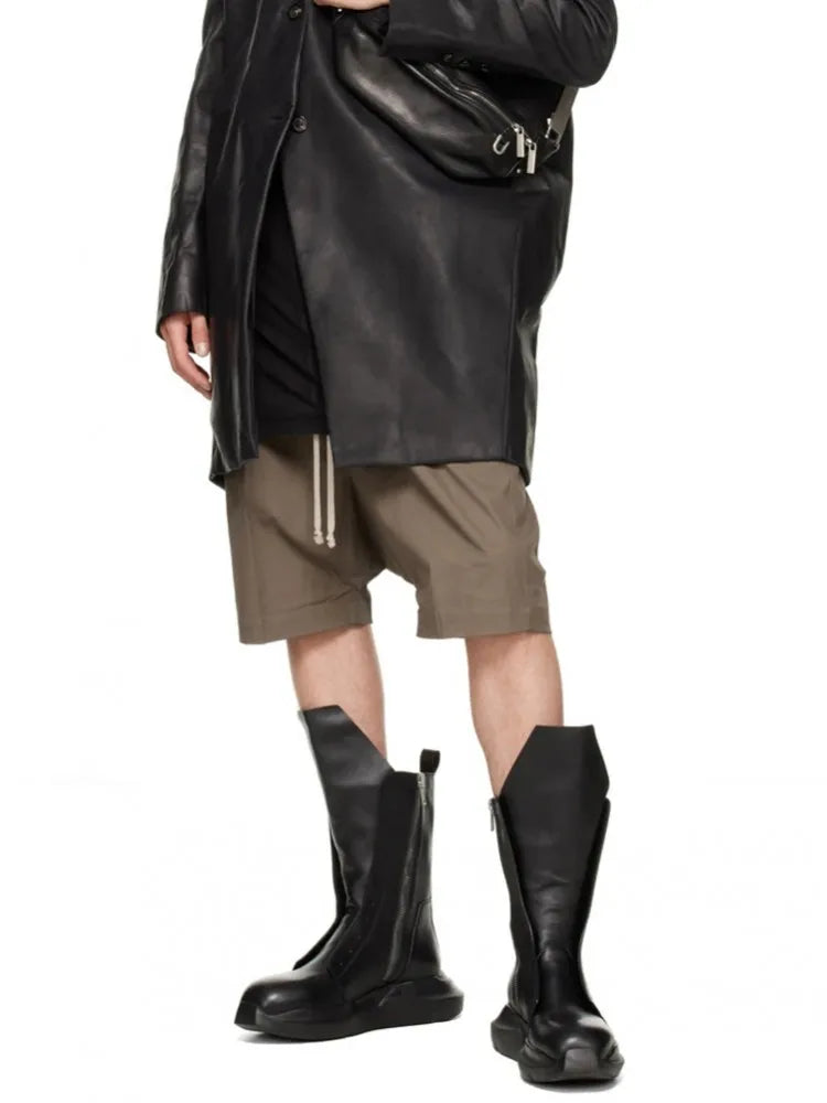 Gothic Men Thick Platform Mid Calf Boots Height Increasing Cowhide Genuine Leather Sneakers Man High Top Moto Biker Safety Shoes