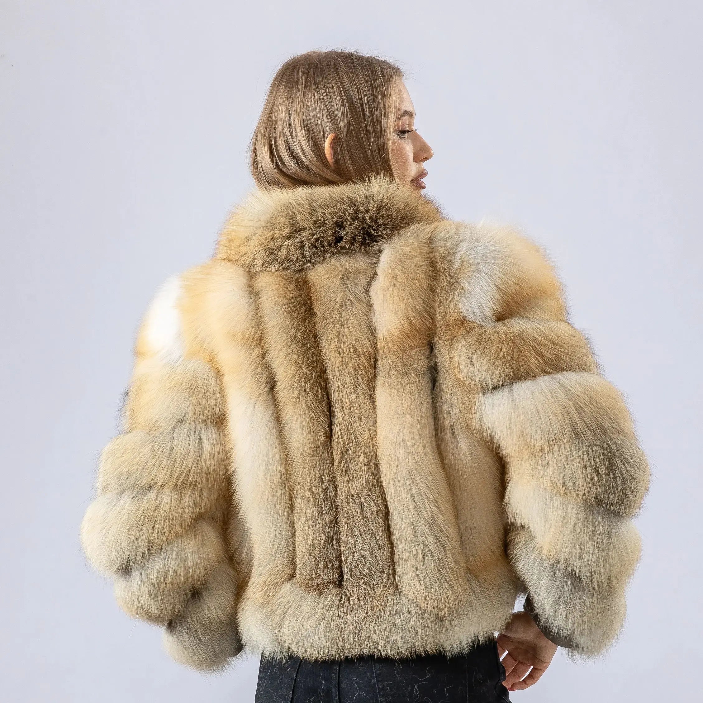 Women Genuine Natural Golden Island Fox Fur Coat with fox fur collar For Winter Fashion Short Jacket