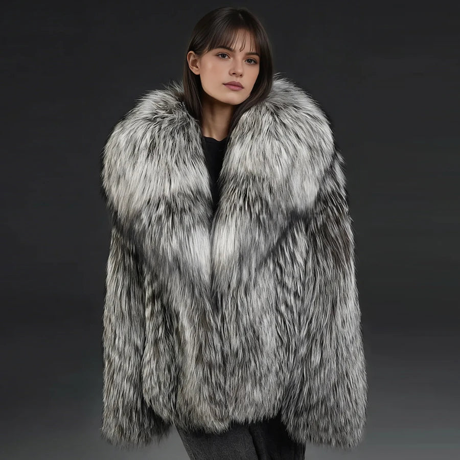 Fox Fur Jacket – Turn-Down Collar – Fox Fur – Silver | KIMLUD