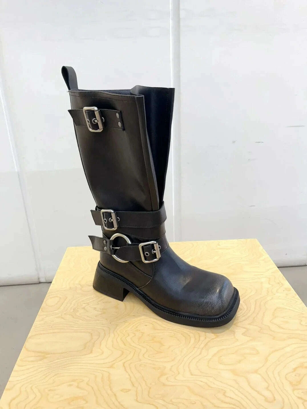 KIMLUD, Women's Boots Half High Square Toe Footwear Brown Biker Shoes For Woman Mid Calf Middle Heel Comfortable And Low Price Pu Goth, KIMLUD Womens Clothes