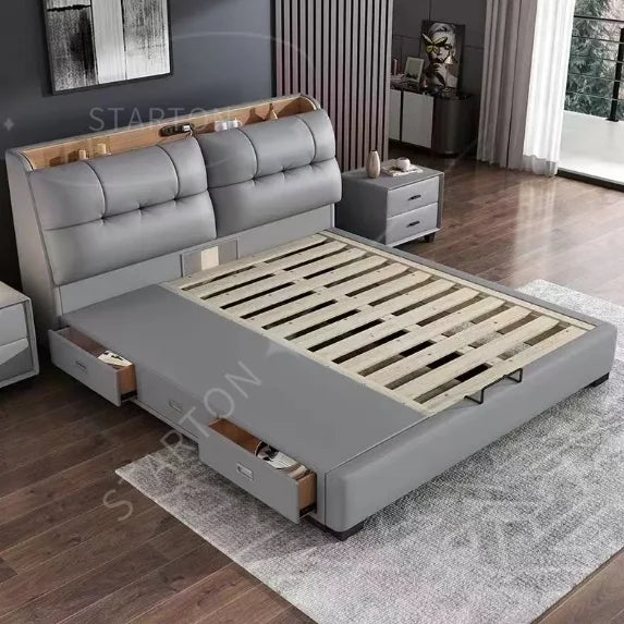Pure White Nordic Style Oak Panel Queen Bed Frame Steel Frame Cama Modern Bed Queen Size Bed