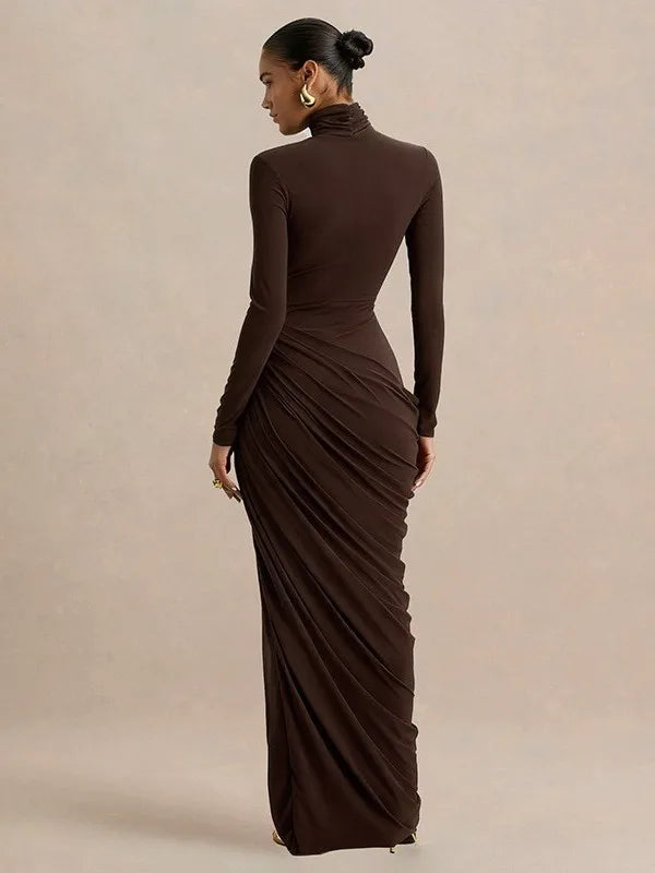 Thick Jersey Pleated Bodycon Dress — Brown | KIMLUD