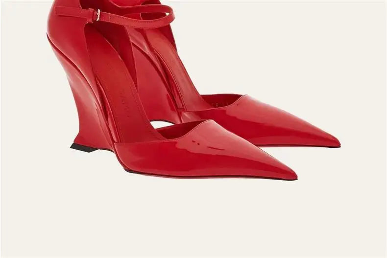 Wedge Pumps Mary Jane Buckle Strap — Red Cherry | KIMLUD