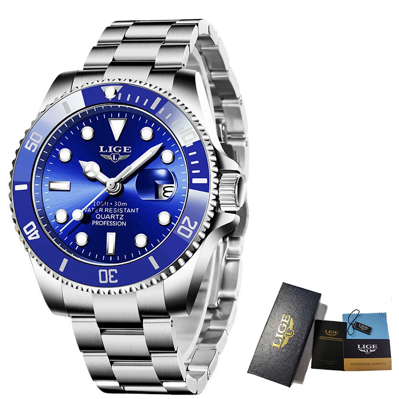 LIGE Top Brand Luxury Watches for Men Casual Sport Fashion Military Stainless Steel Wrist Auto Date Man Watch Clock Reloj Hombre