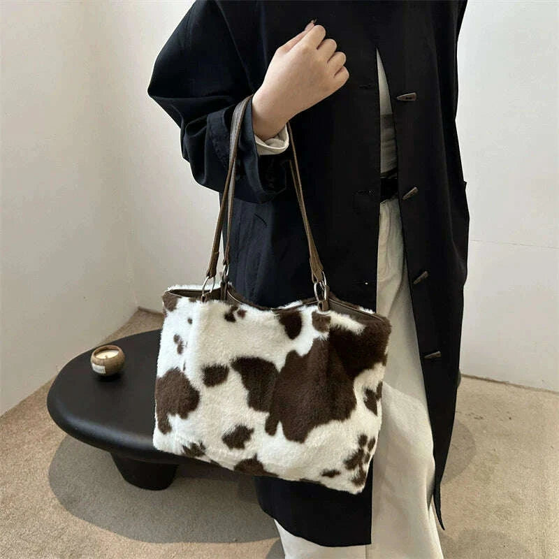 KIMLUD, Large Capacity Shopper Bags For Women Winter Travel Tote Bag Cow Printing Plush Shoulder Bag Ladies Handbag Designer Bolsos, KIMLUD Womens Clothes