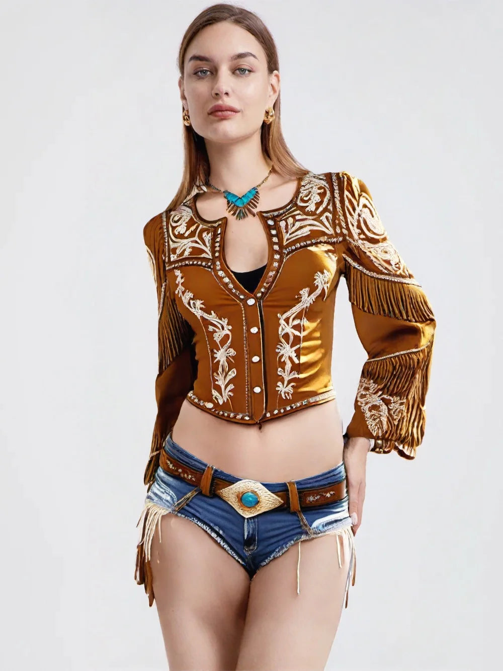 Elegant Chic Women Tops Boho Print Button V Neck Slim Waist Shirt Fringed Long Sleeve Design Vintage Blouse Crop Tops Clothes