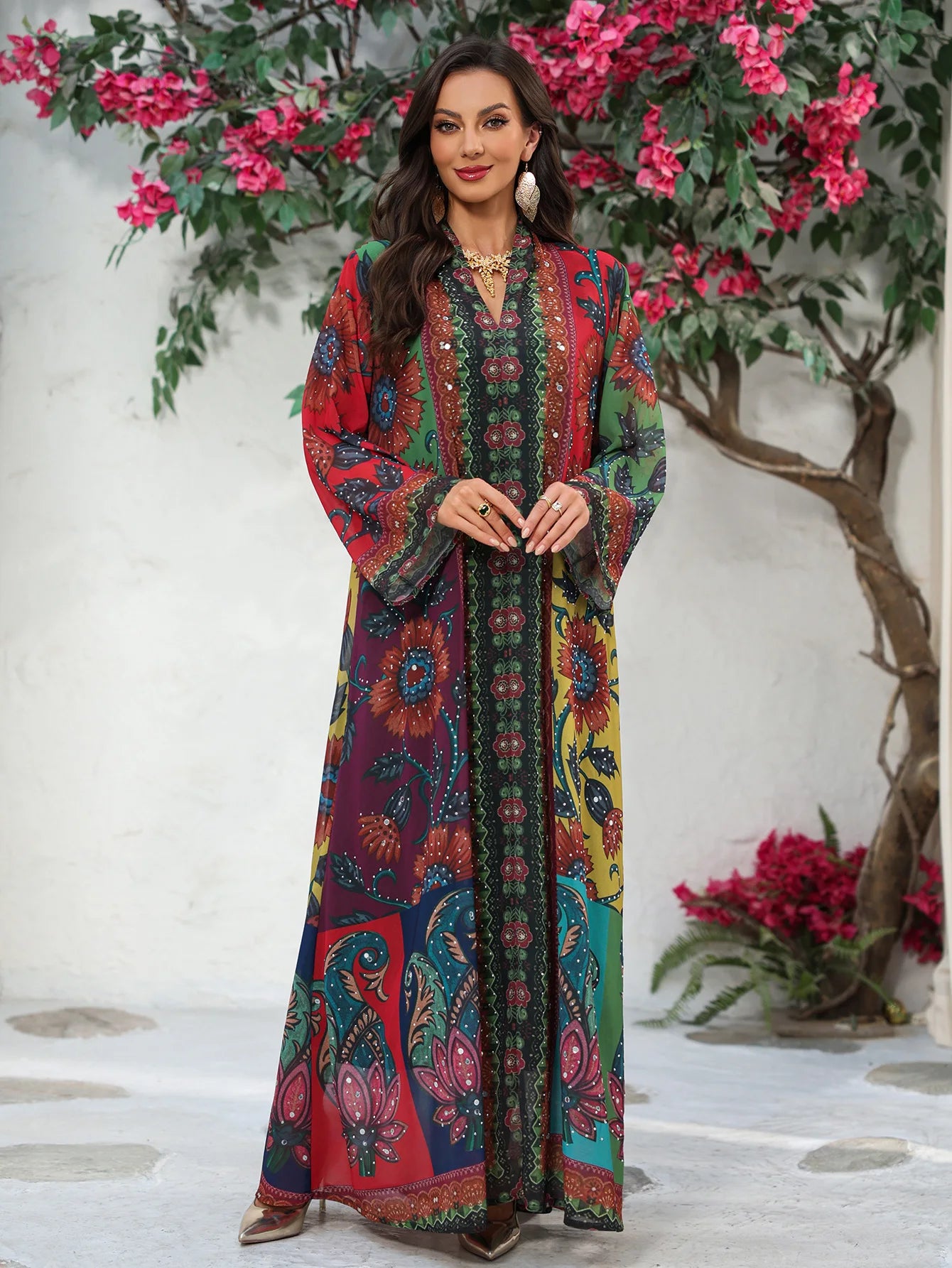 Polyester Abaya Dress Diamond Print — Multicolor | KIMLUD