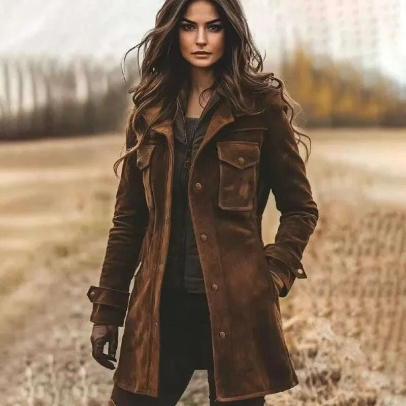 KIMLUD, Classic Retro Suede Long Trench Jacket for Women's Pocket Single Breasted Turn Down Collar Windbreaker Autumn Winter Outerwears, KIMLUD Womens Clothes