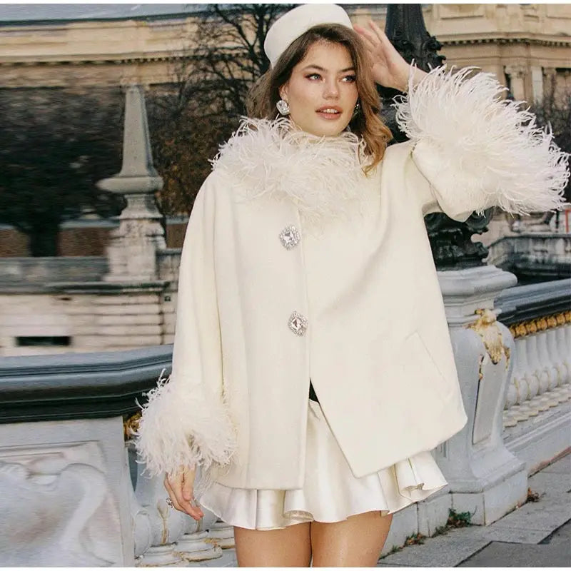 Elegant Feather Spliced Women's Coat Loose Feather Cuff Collar Lady Poncho Outwear 2024 Winter High Street Jacket New In Coats