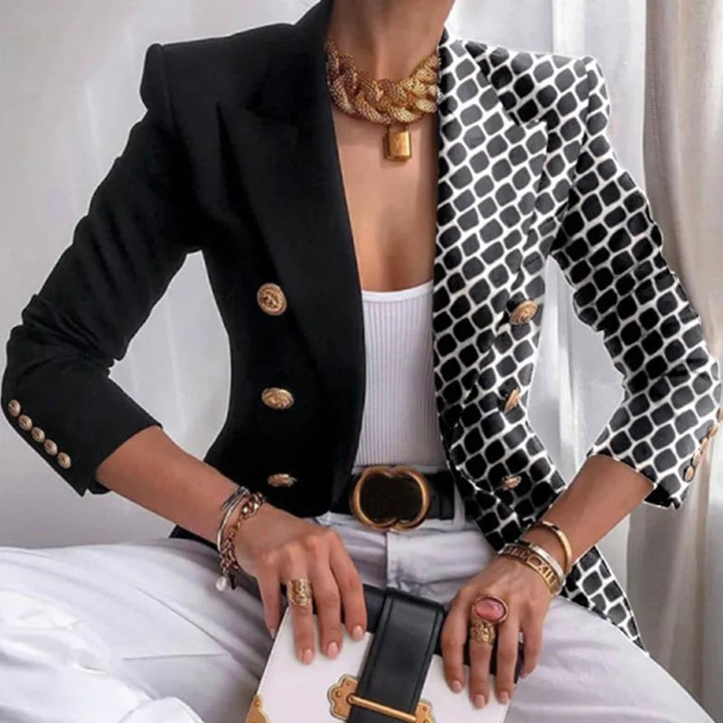 KIMLUD, Long Sleeve Button Patchwork Simple Outerwear, Women Spring Autumn Turn-Down Collar Chic Coats, New Print Fashion Ladies Blazers, KIMLUD Womens Clothes