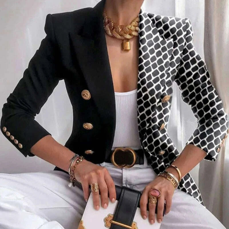 KIMLUD, Long Sleeve Button Patchwork Simple Outerwear, Women Spring Autumn Turn-Down Collar Chic Coats, New Print Fashion Ladies Blazers, KIMLUD Womens Clothes