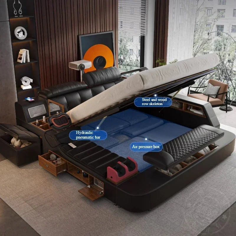 Genuine Leather Bed With Massager — Deep Charcoal Black | KIMLUD