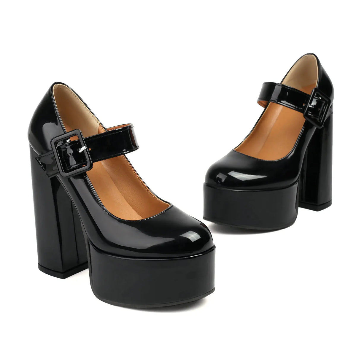 Mary Jane Platform Pumps – Buckle Strap – PU – Red | KIMLUD