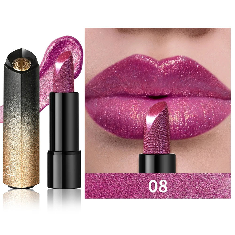 Pudaier Pearly Metallic Shimmer Lipstick, Glitter Shine Finish, Creamy Smooth Texture, High Pigment Party Makeup