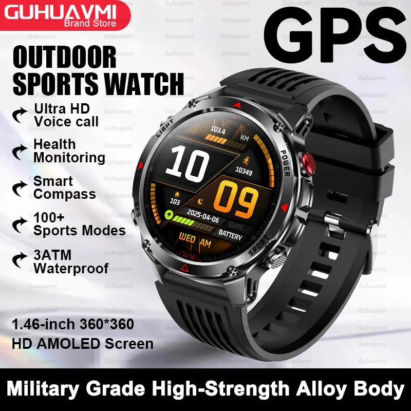 2025 New Outdoor Sport Smart Watch Men HD AMOLED Screen Six Star GPS Positioning Heart Rate Bluetooth Call IP69/5ATM SmartWatch