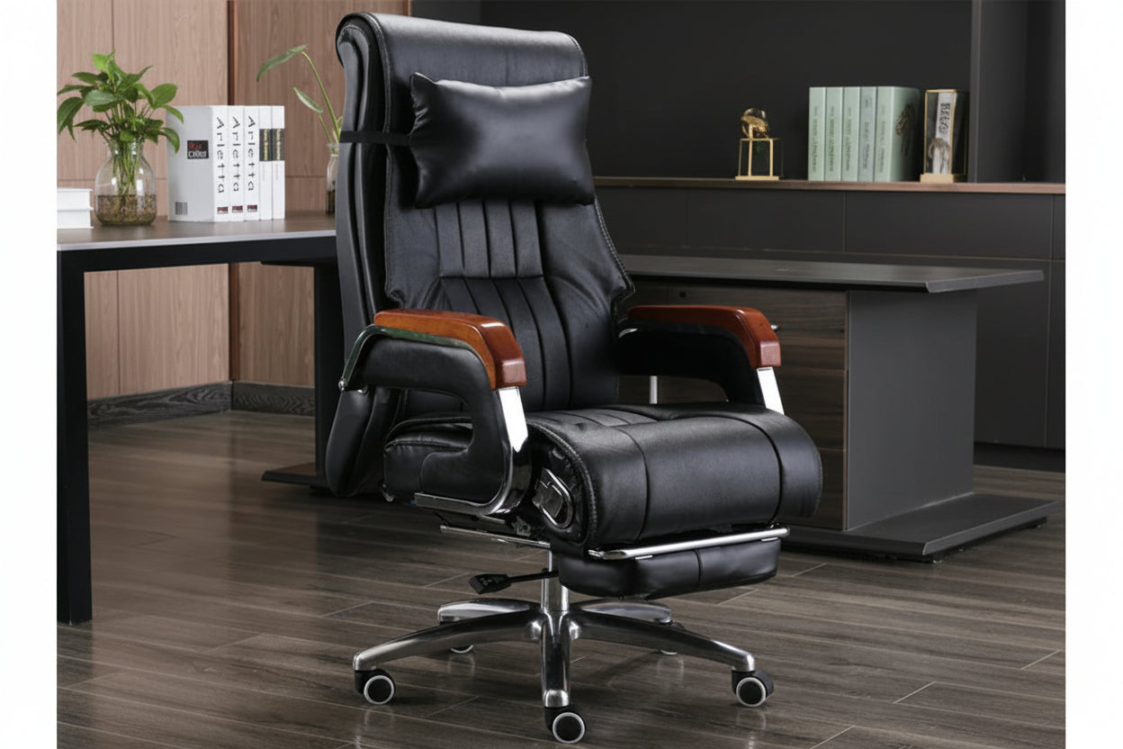 Black leather office chair with adjustable armrests, a matching headrest pillow, and a footrest, shown in a modern office setting with Chinese text overlays highlighting features.