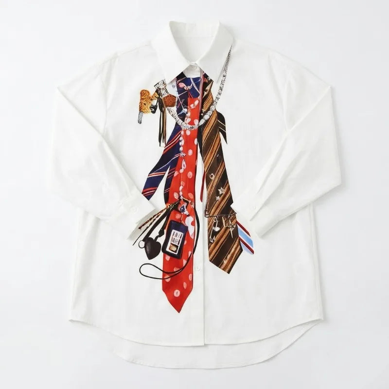 Polyester Puff-Sleeve Shirt With Tie Print — White | KIMLUD