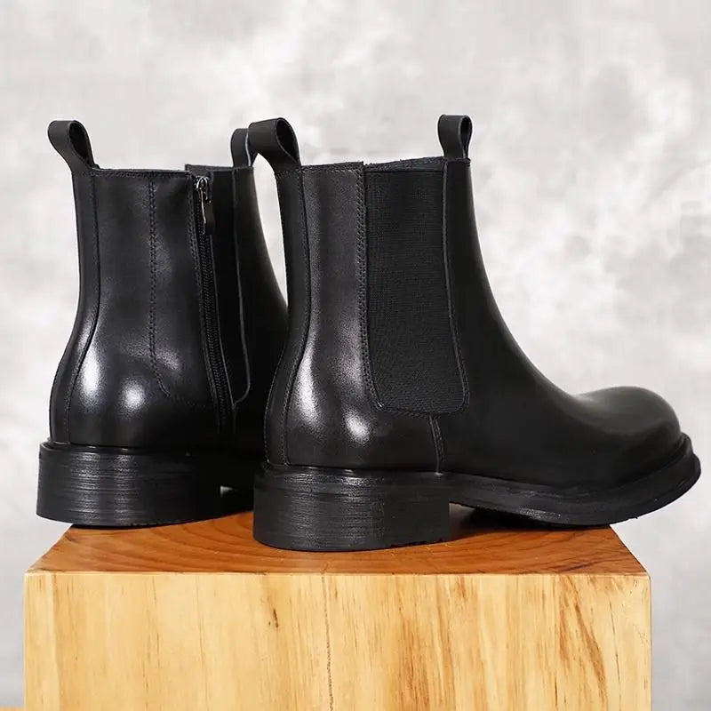 Leather Chelsea Boots Mid-Calf Round Toe — Black | KIMLUD