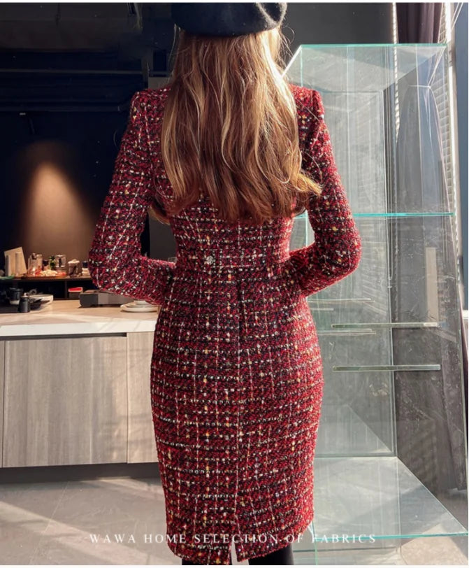 Tweed Dress Asymmetric Large Lapel Slimming — Black | KIMLUD