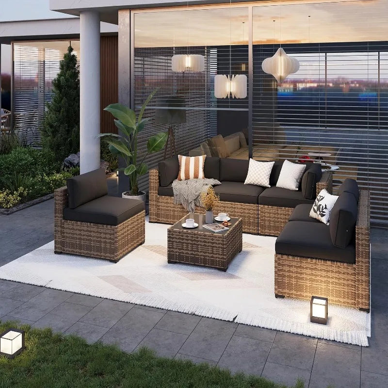 Wicker 7-Piece Outdoor Patio Set With Cushions And Protective Weather-Resistant Weave — Beige | KIMLUD