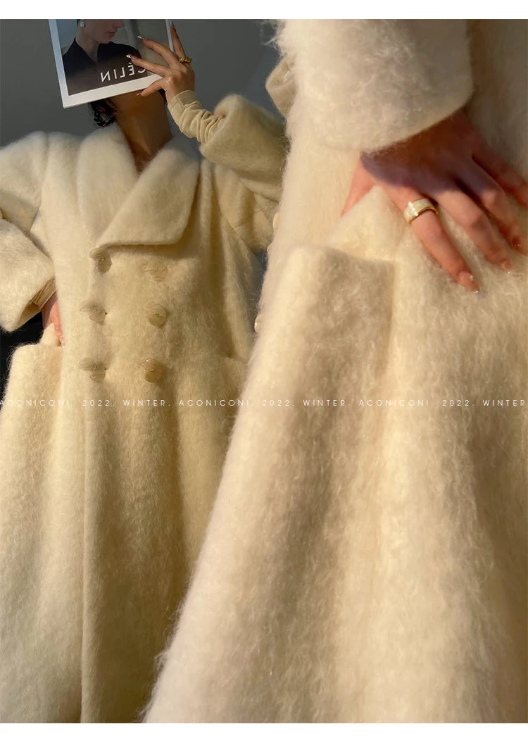 Coat – Double Breasted Long – Wool Blends – White | KIMLUD