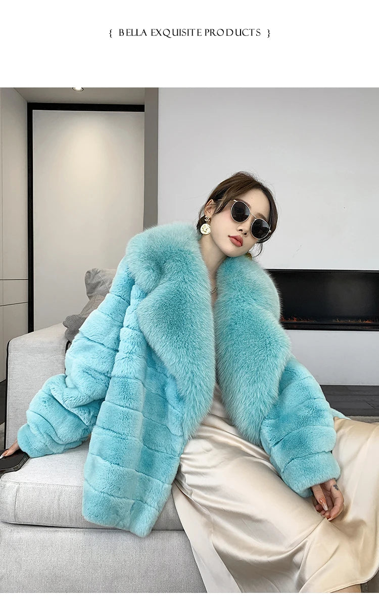 Winter Women Real Rex Rabbit Fur Coat 100% Natural Fur Jacket with Large Silver Fox Fur Collar Luxury Streetwear