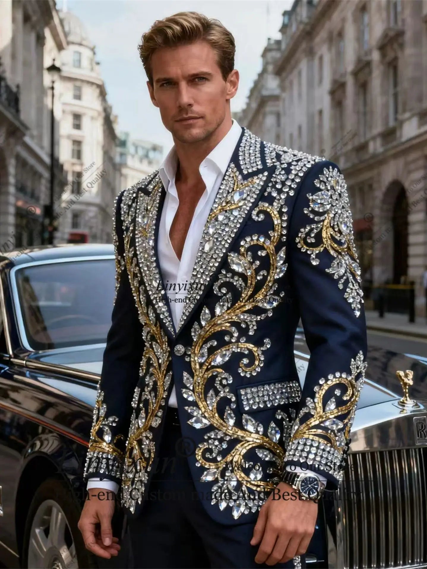 High-end Rhinestone Men Suits Customized Fashion Groom Tuxedo 2 Pieces Sets Male Prom Blazers Slim Fit Wedding Ropa hombre