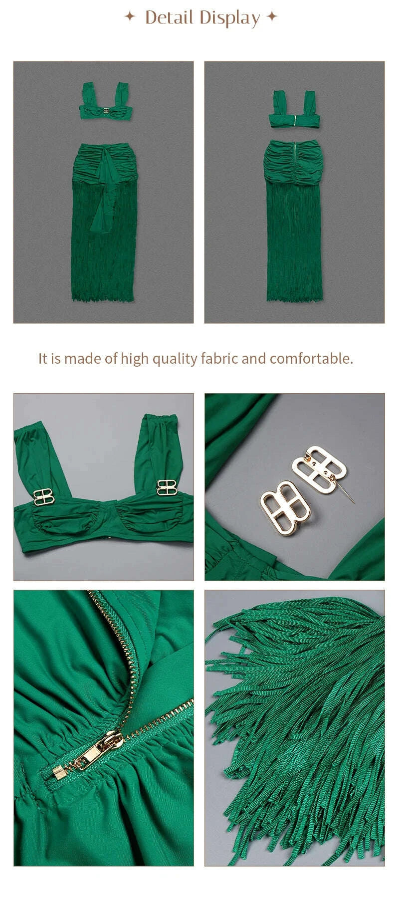 KIMLUD, VC Fashion Summer Beach Green Tassel Dress And Cropped Top Set Ruched Waist Design for Vacation Party, KIMLUD Womens Clothes