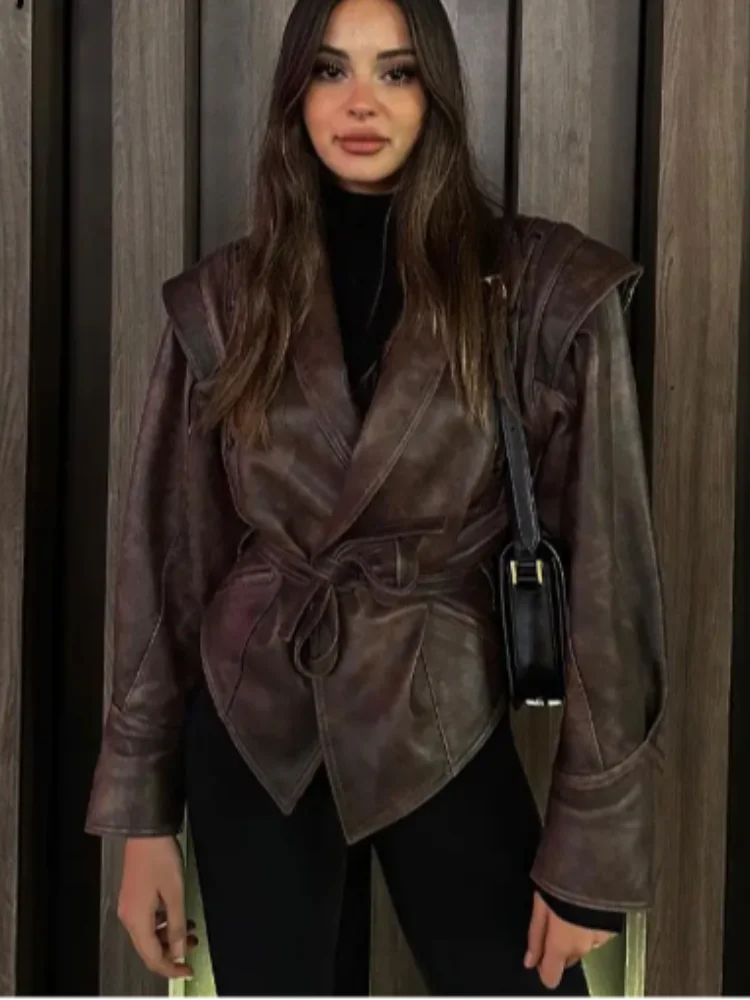 KIMLUD, Vintage Pu Leather Lace-up Short Jacket For Women Fashion Lapel Long Sleeves Irregular Coat 2023 Ladies Office Commute Outwear, KIMLUD Womens ClothesKIMLUD, Vintage Pu Leather Lace-up Short Jacket For Women Fashion Lapel Long Sleeves Irregular Coat 2023 Ladies Office Commute Outwear, red brown / S, KIMLUD APPAREL - Womens Clothes