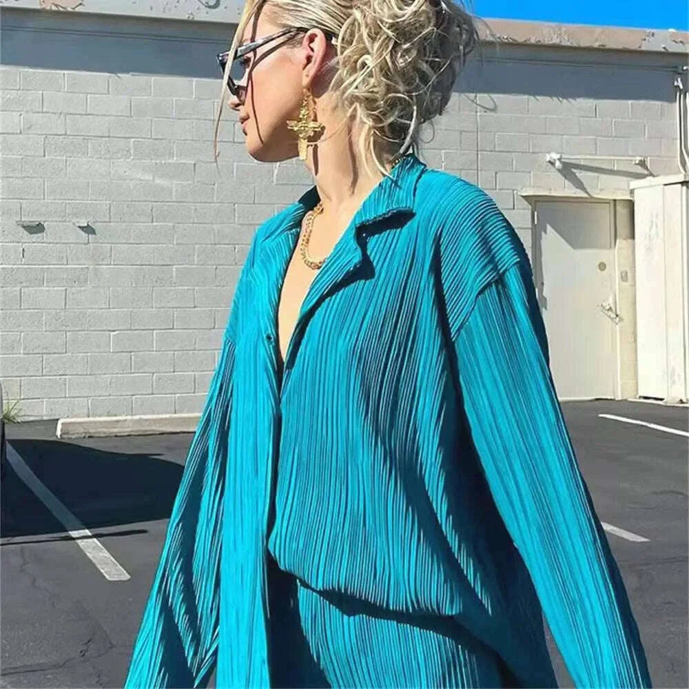 KIMLUD, 2023 Spring Summer Best Seller Solid Color Draped Loose Fit Smooth Pleated Women's Casual 2-Piece Set Stock Available, KIMLUD Womens Clothes