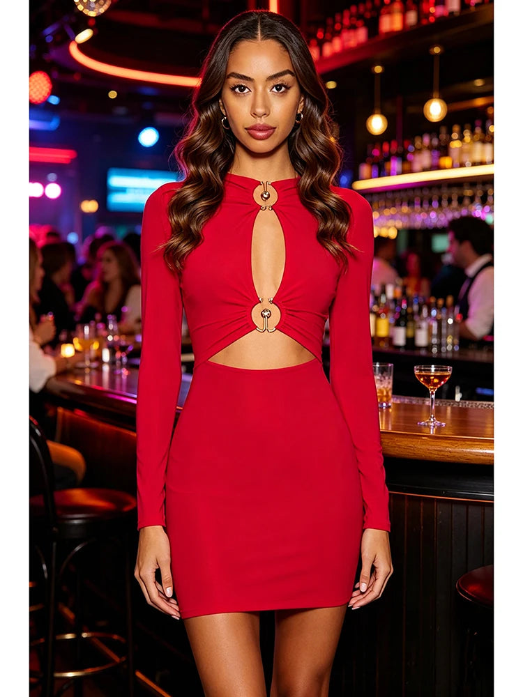 Mini Dress – Ruched Bodycon Silhouette – Red Polyester | KIMLUD
