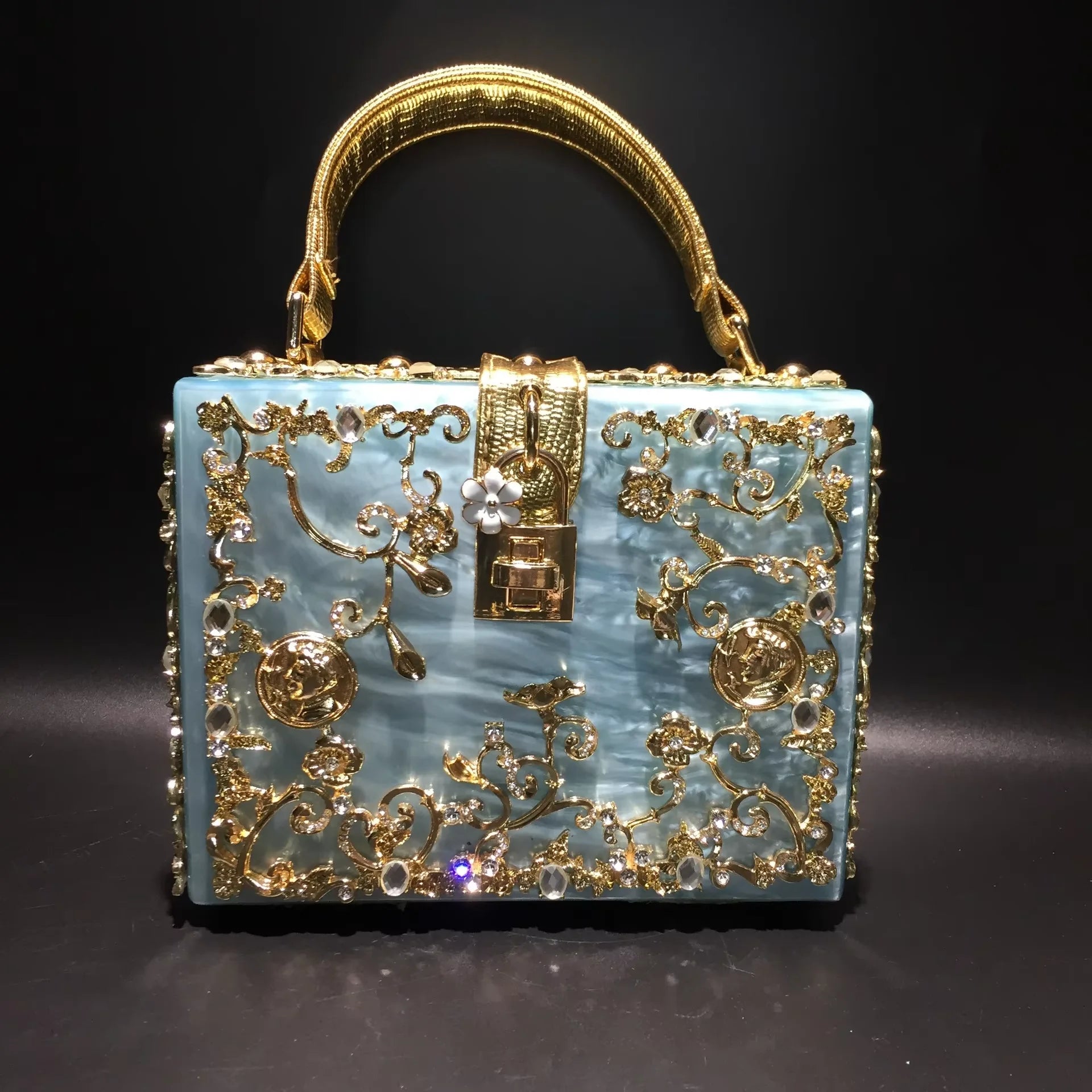 Acrylic Box Clutch Rhinestone Embroidery Champagne-Gold Double-Row Detailing — Ivory | KIMLUD
