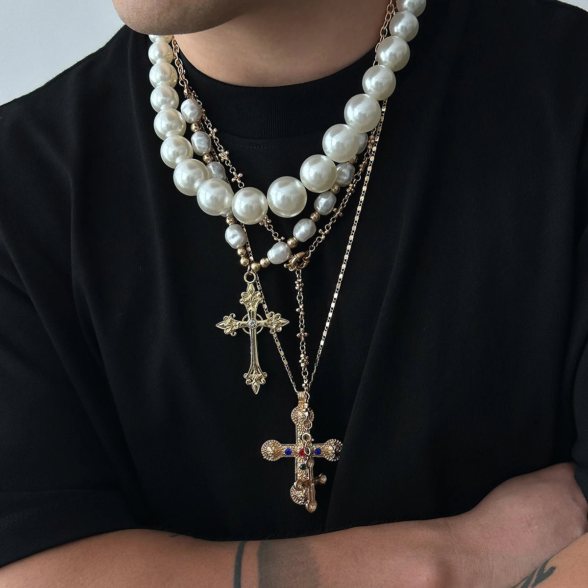 KIMLUD, Ingemark 3 Styles Creative Big Imitation Pearl Beads Chain Necklace for Men Hip Hop Jesus Cross Pendant Choker Male Jewelry Gift, KIMLUD Womens Clothes